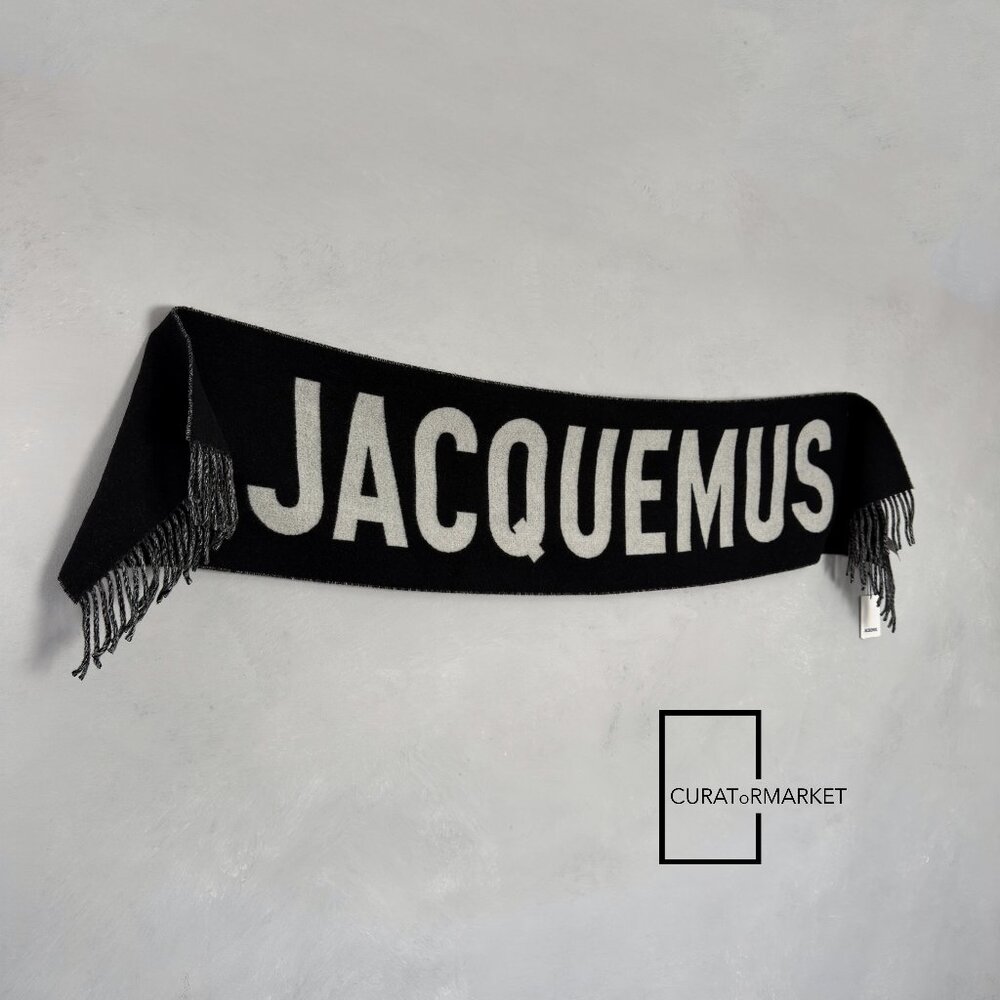 Jacquemus: Contrast Iconic Logo Felted Wool Black Scarf FW26 Le Palmier